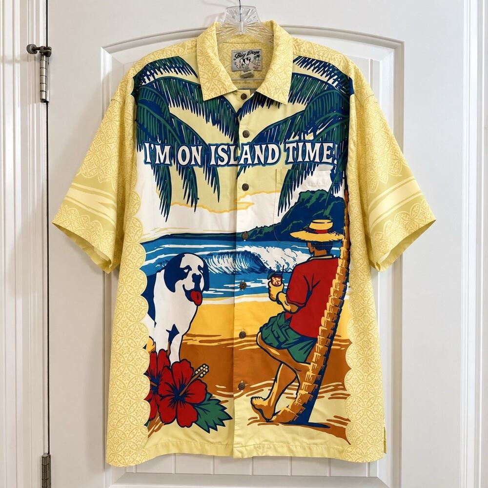 Vintage Big Dogs Hawaiian Shirt Large Yellow Rayon Island Time Beach St Bernard